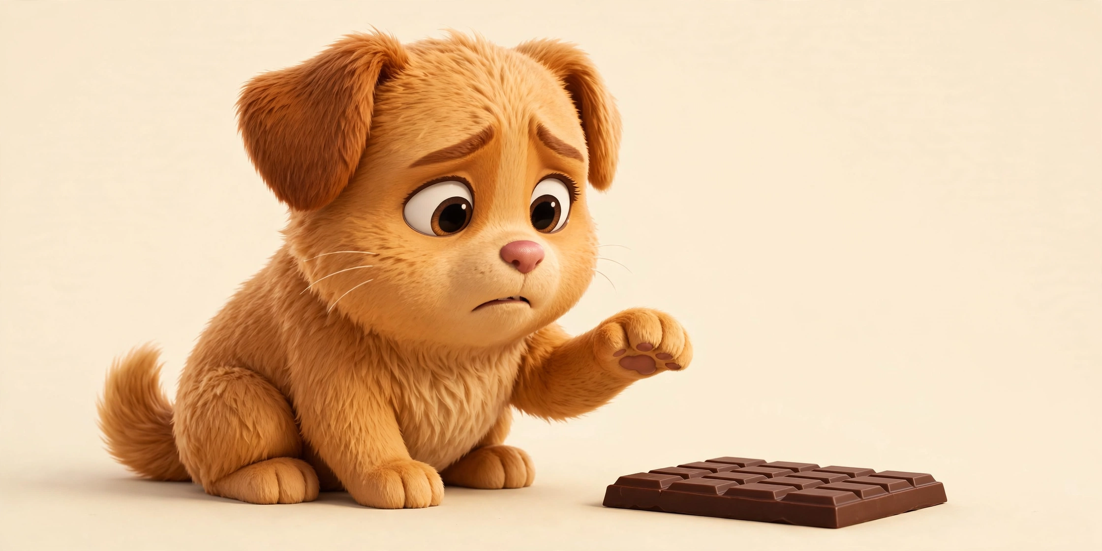 Cartoon dog hesitating before a chocolate bar — know before they eat.